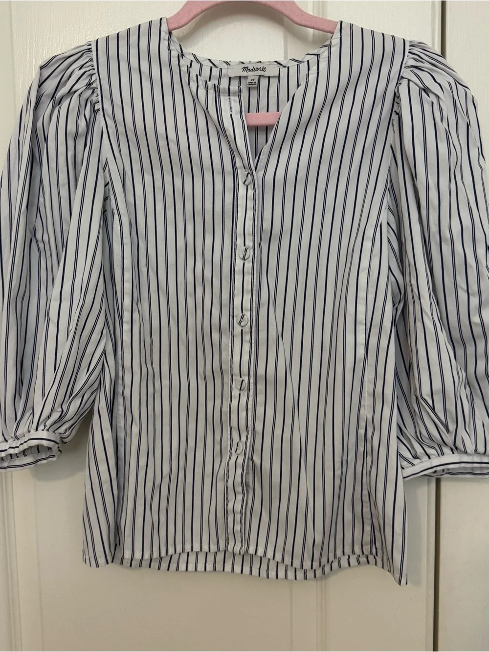 Madewell Puff-Sleeve Button-Up Top in Dark Blue and White Stripes